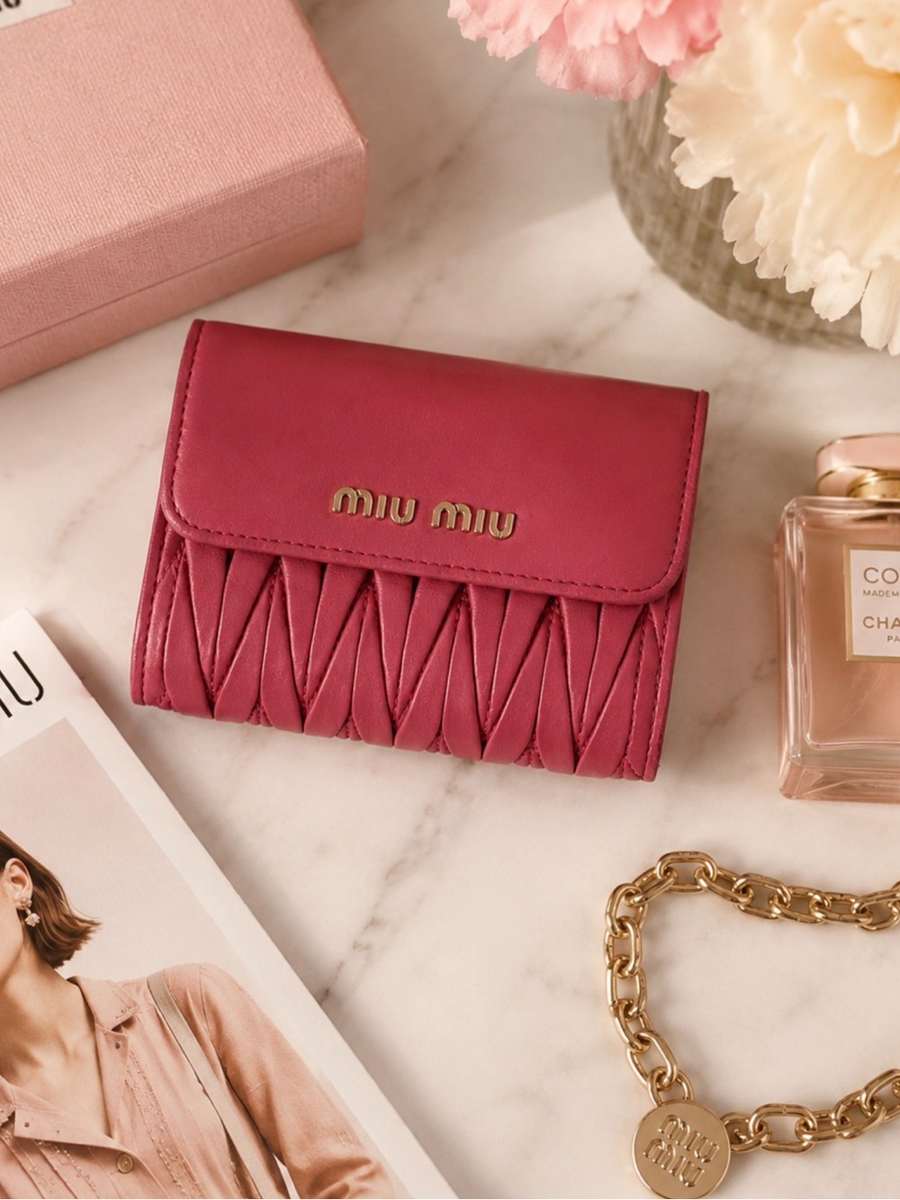 AUTHENTIC MIU MIU MAGENTA MATELASSE TRI FOLD WALLET GOLD LOGO LEATHER